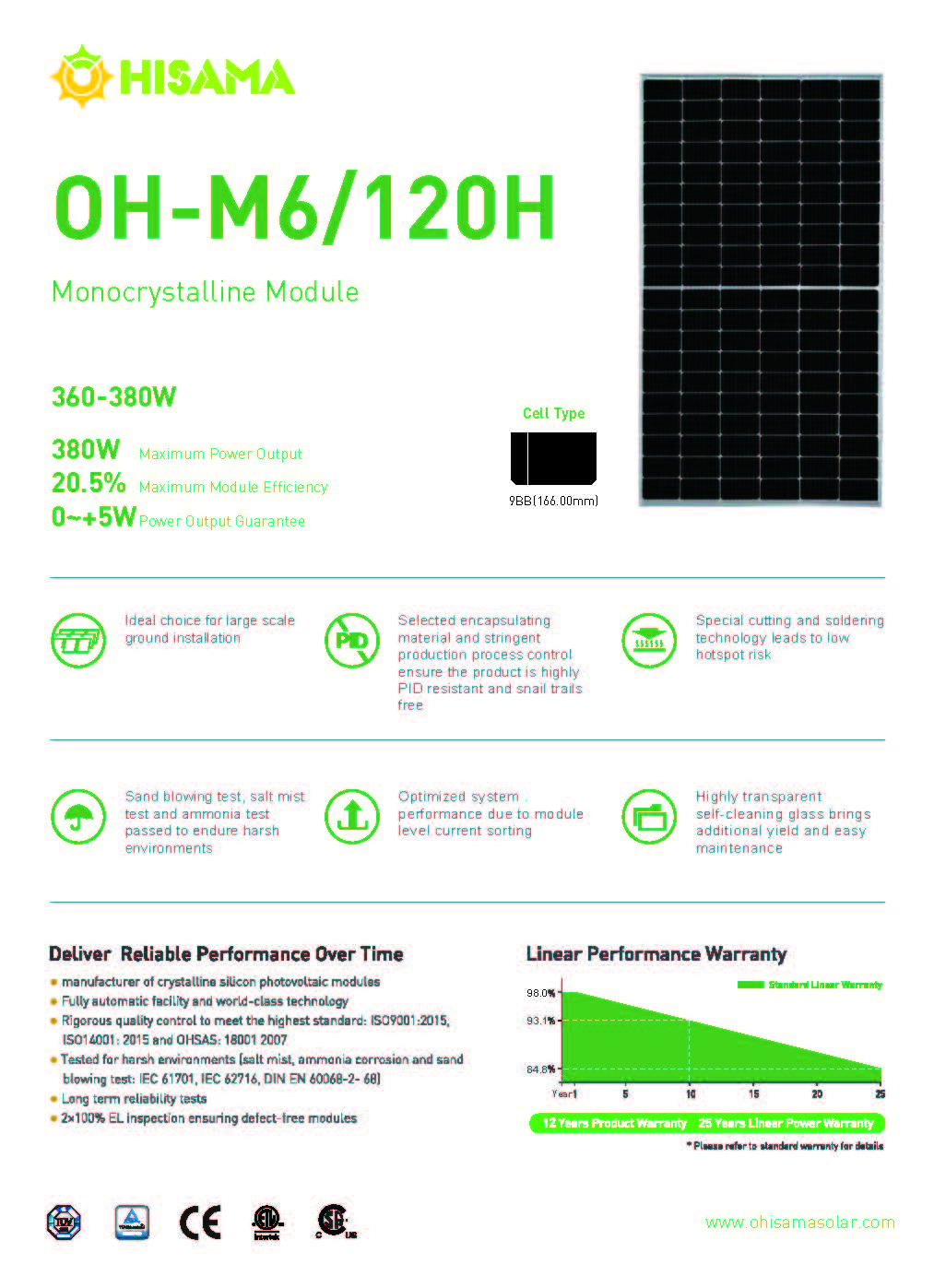 Pannello Fotovoltaico Ohisama Solar OH-M6-120H 360-380W Monocrystalline Module .
