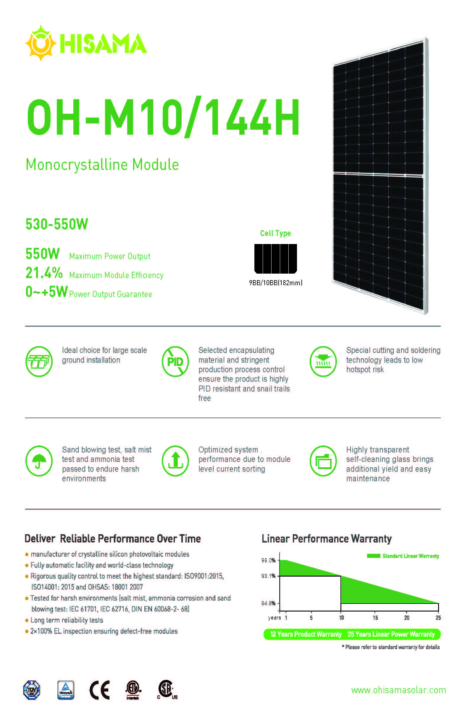 Pannello Fotovoltaico Ohisama Solar OH-M10/144H 530-550W _2279x1134x35mm- Monocrystalline Module 